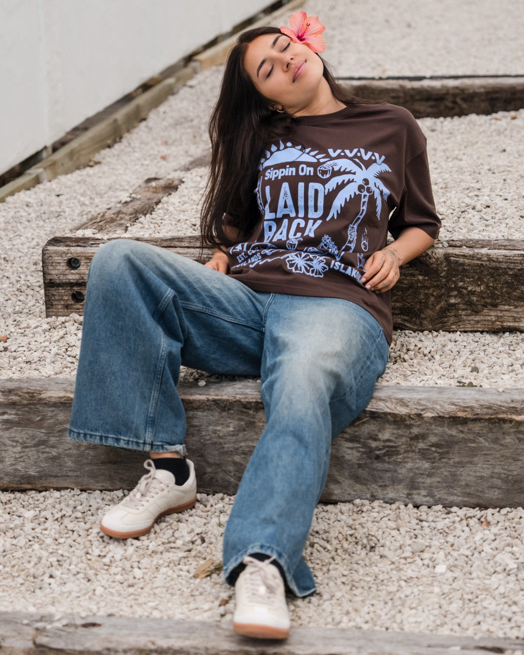 Laid Back Oversized T-Shirt - Choc &amp; Cornflower Blue - Sitting