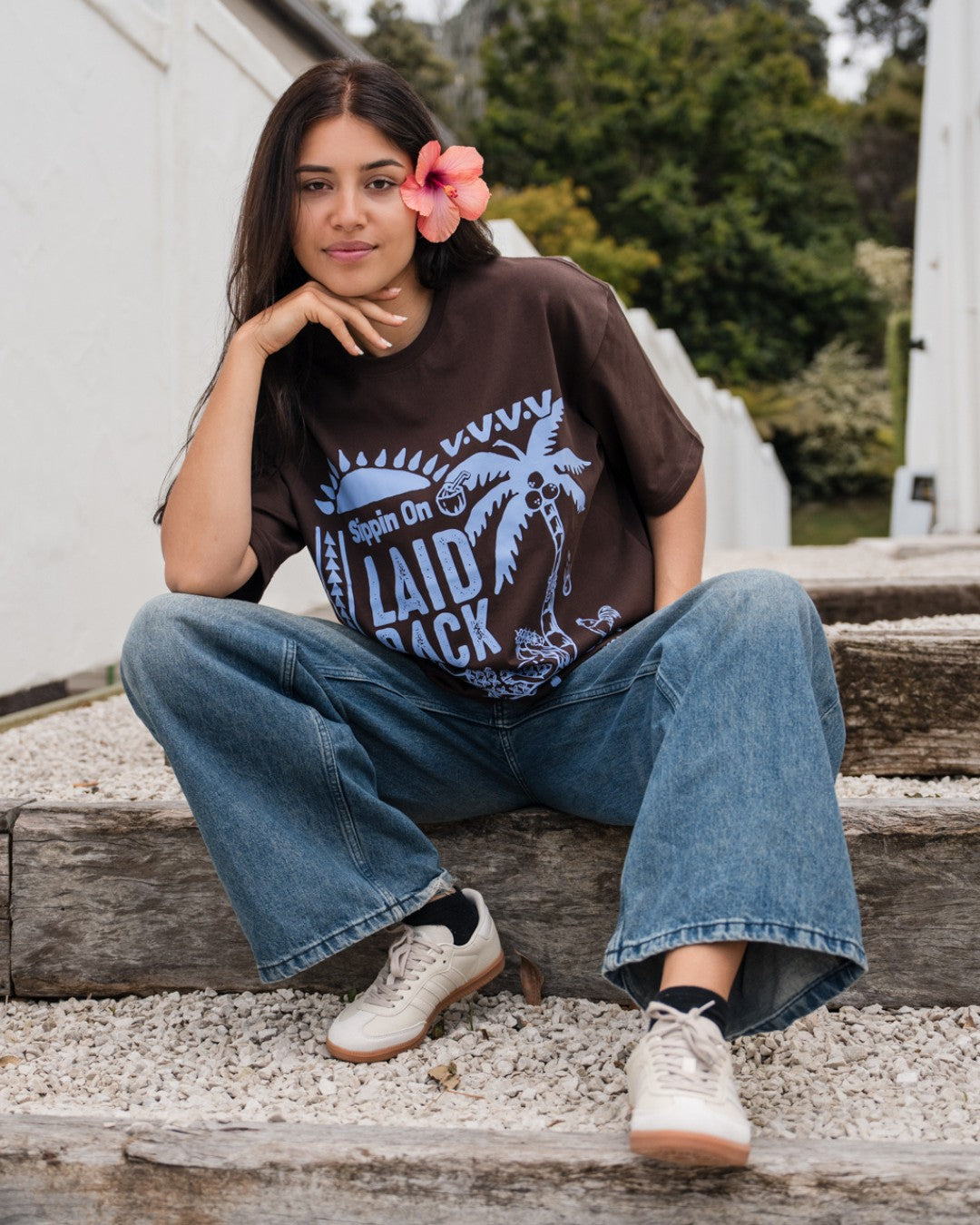 Laid Back Oversized T-Shirt - Choc & Cornflower Blue - Front