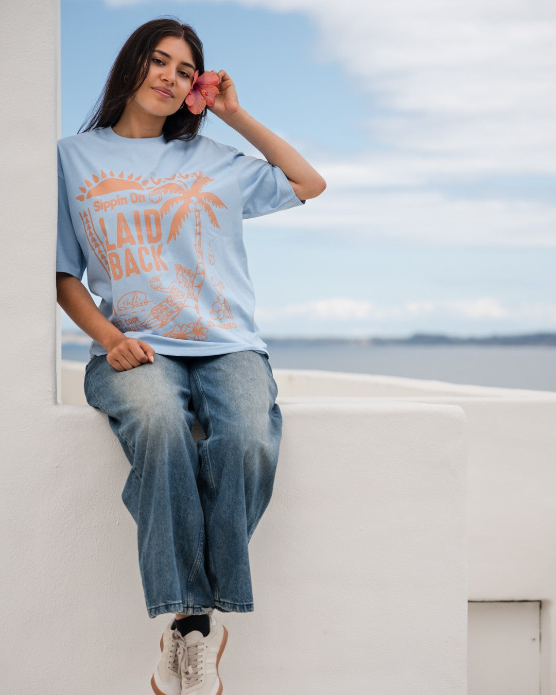 Laid Back Oversized T-Shirt - Light Blue &amp; Peachy Tan - Sitting