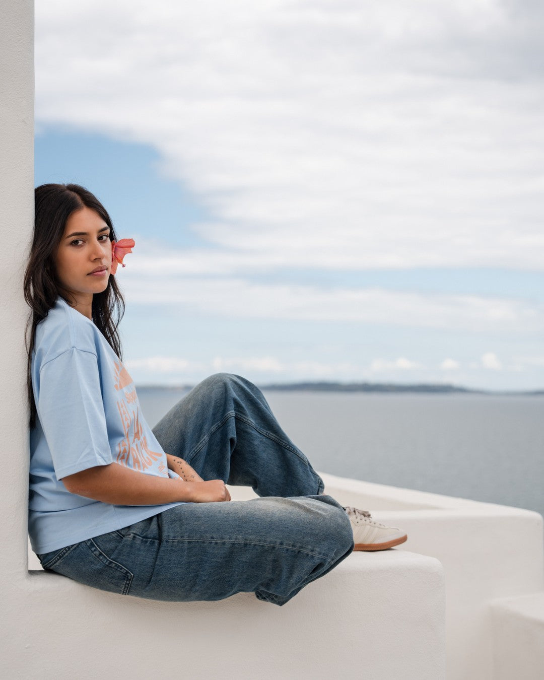 Laid Back Oversized T-Shirt - Light Blue &amp; Peachy Tan - Sitting Side