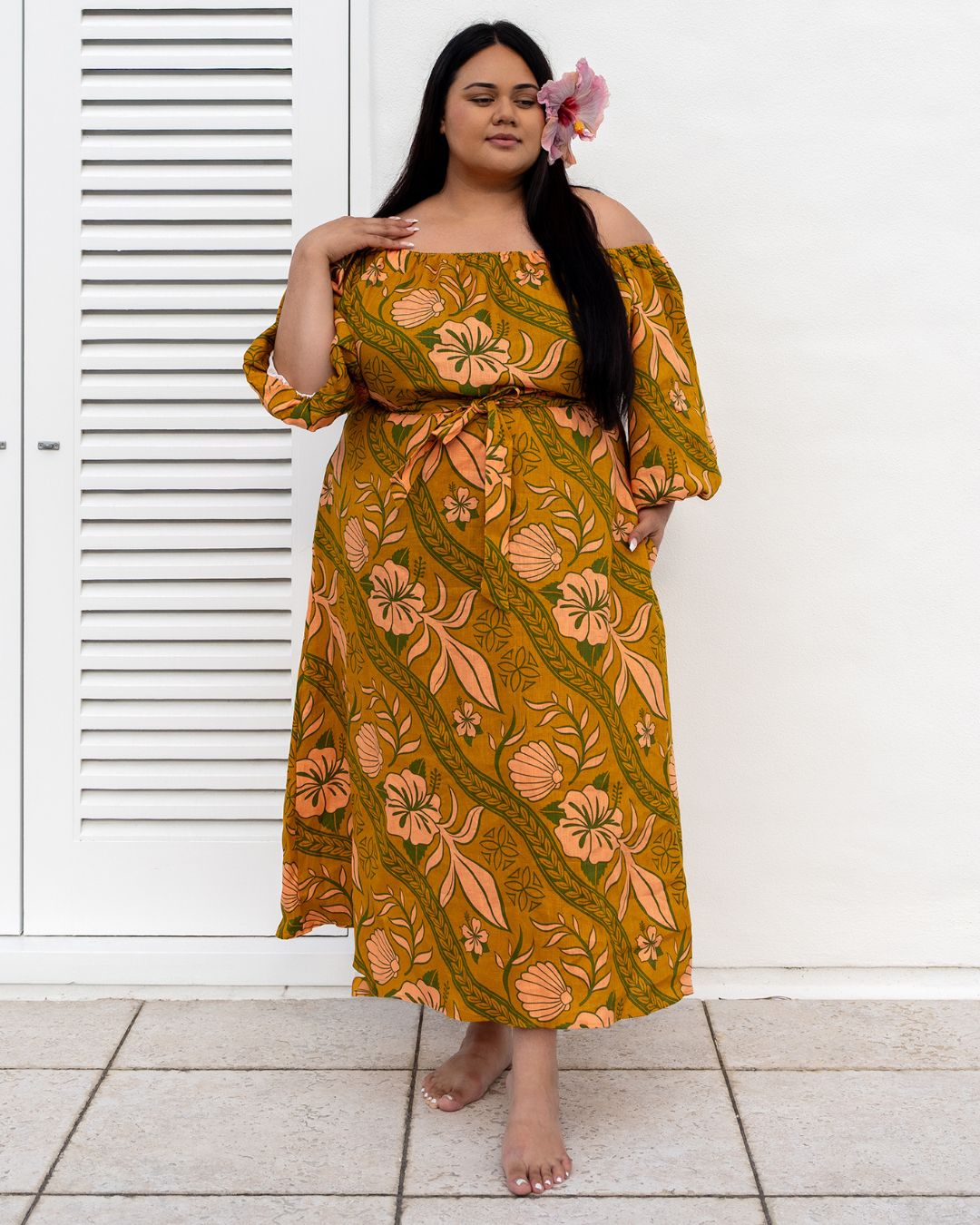 Zendaya Womens Off Shoulder Island Dress - Island Vines Gold