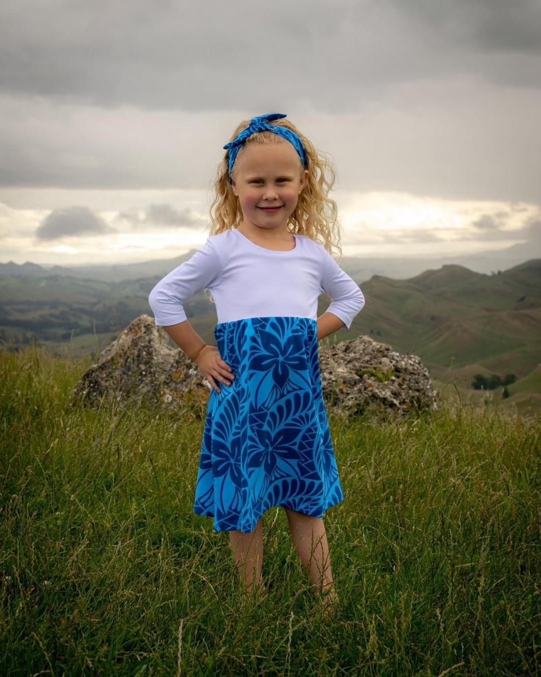 Tehani Kids 3/4 Sleeve Dress - Lagoon Blue